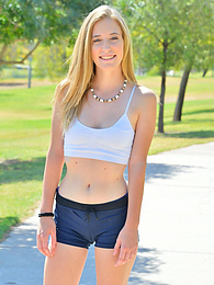 Find-Best-Videos.com presents: Sporty blonde babe Dakota strips her clothes and flaunts her hot body outdoors